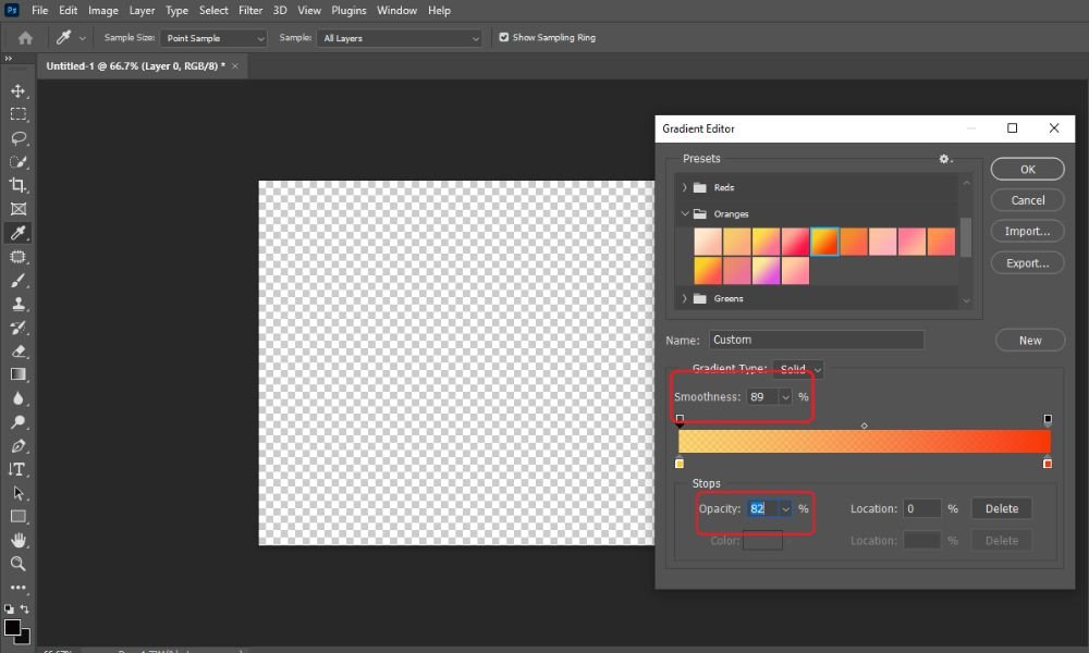 modify the opacity and smoothness of the gradient