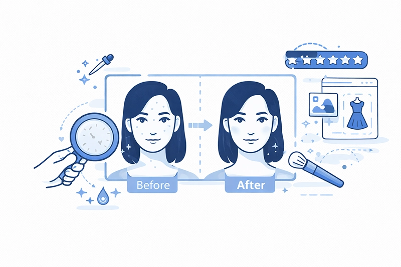 Before and after portrait illustration showing the impact of professional photo retouching.