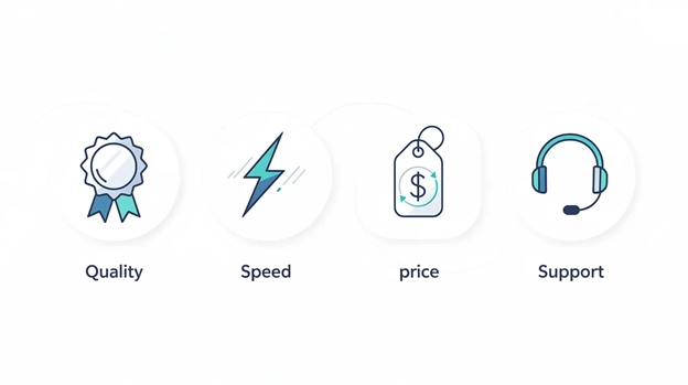 Icons representing quality, speed, price and support symbols