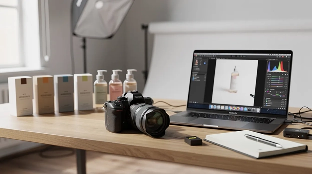 Photography setup with skincare products